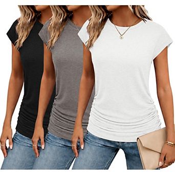 Zeagoo Women's Cap Sleeve Ruched Crewneck Tunics Slim Fit Business Work Casual Tops