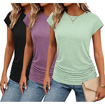 Zeagoo Women's Cap Sleeve Ruched Crewneck Tunics Slim Fit Business Work Casual Tops