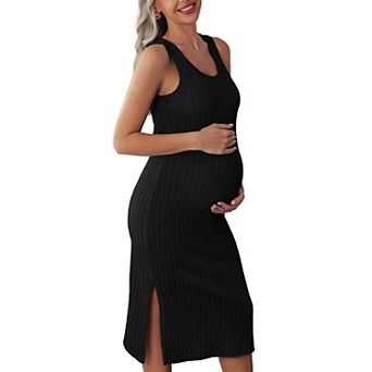 Ekouaer Women's Maternity Dress Rib Knit Sleeveless Baby Shower Dresses Casual Bodycon Pregnancy
