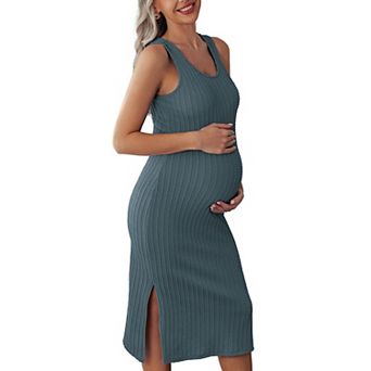Ekouaer Women's Maternity Dress Rib Knit Sleeveless Baby Shower Dresses Casual Bodycon Pregnancy