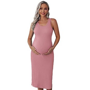 Ekouaer Women's Maternity Dress Rib Knit Sleeveless Baby Shower Dresses Casual Bodycon Pregnancy