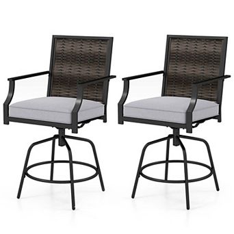 Set of 2 Swivel Bar Stools with Cushions and Rattan Back