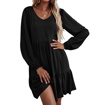 Zeagoo Women's V Neck Long Sleeve Ruffle Tiered Babydoll Tunic Dress with Pockets