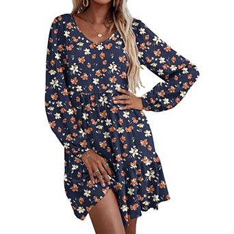 Zeagoo Women's V Neck Long Sleeve Ruffle Tiered Babydoll Tunic Dress with Pockets