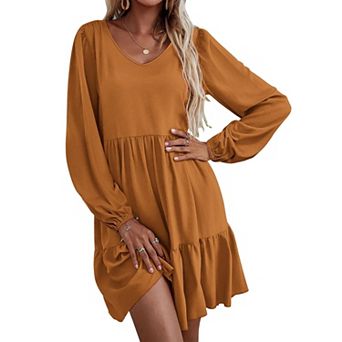 Zeagoo Women's V Neck Long Sleeve Ruffle Tiered Babydoll Tunic Dress with Pockets