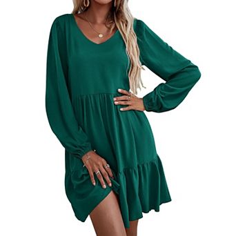 Zeagoo Women's V Neck Long Sleeve Ruffle Tiered Babydoll Tunic Dress with Pockets