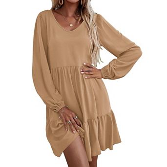 Zeagoo Women's V Neck Long Sleeve Ruffle Tiered Babydoll Tunic Dress with Pockets