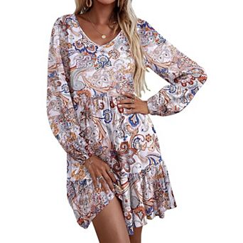 Zeagoo Women's V Neck Long Sleeve Ruffle Tiered Babydoll Tunic Dress with Pockets