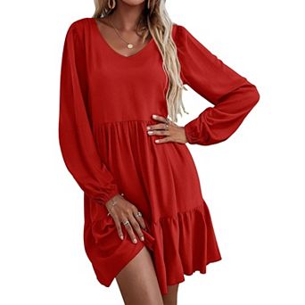 Zeagoo Women's V Neck Long Sleeve Ruffle Tiered Babydoll Tunic Dress with Pockets