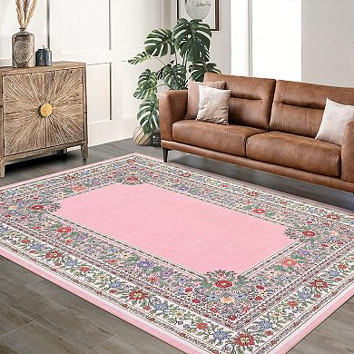 Woven Look Boho Area Rug Washable & Non-Slip for Bedroom or Nursery