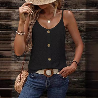 Women's Faux Button Front Sleeveless Tank Top - Casual Spaghetti Strap Layering Cami