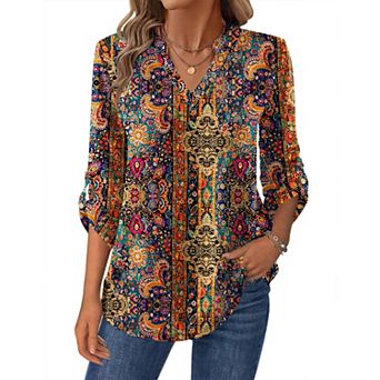 Zeagoo Women's Shirts Dressy Casual Long Sleeve Tops V Neck Floral Blouses Business Work Tee Tshirts