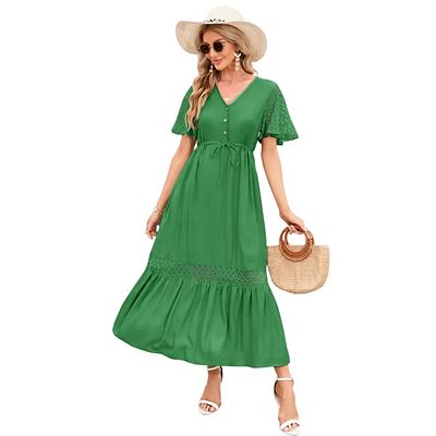 maxi dress with short front WOMEN'S SHORT RUFFLE SLEEVE ELASTIC WAIST FRONT POCKETS FLORAL MAXI DRESS MINT / 2S-2M-2L