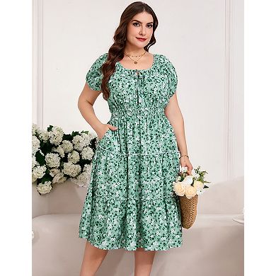 Women's Plus Size Square Neck Midi Dress with Pockets