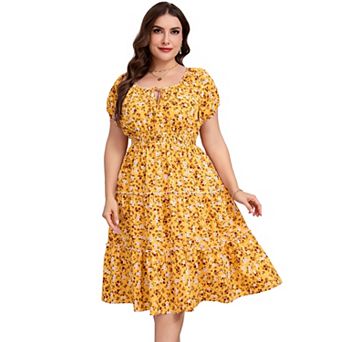 Women's Plus Size Square Neck Midi Dress with Pockets