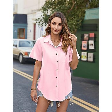 Zeagoo Button Down Shirts for Womens Short Sleeve Collared Linen Cotton Tops Boyfriend Solid Blouse