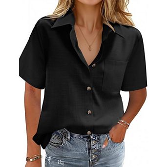 Zeagoo Button Down Shirts for Womens Short Sleeve Collared Linen Cotton Tops Boyfriend Solid Blouse