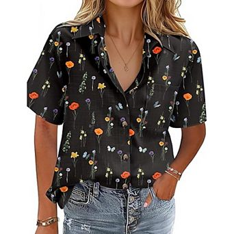 Zeagoo Button Down Shirts for Womens Short Sleeve Collared Linen Cotton Tops Boyfriend Solid Blouse