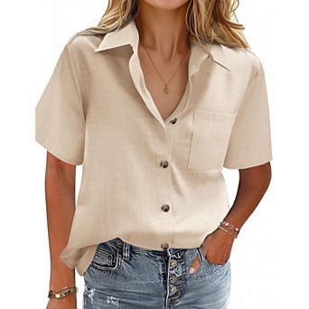 Zeagoo Button Down Shirts for Womens Short Sleeve Collared Linen Cotton Tops Boyfriend Solid Blouse