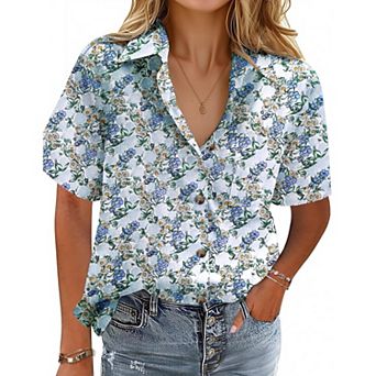 Zeagoo Button Down Shirts for Womens Short Sleeve Collared Linen Cotton Tops Boyfriend Solid Blouse