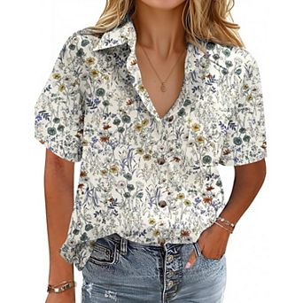 Zeagoo Button Down Shirts for Womens Short Sleeve Collared Linen Cotton Tops Boyfriend Solid Blouse