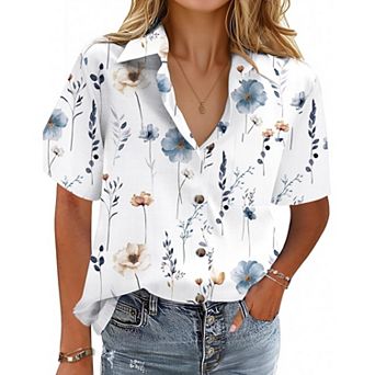 Zeagoo Button Down Shirts for Womens Short Sleeve Collared Linen Cotton Tops Boyfriend Solid Blouse