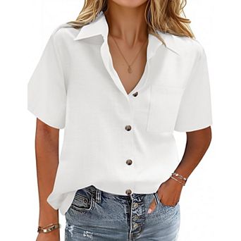 Zeagoo Button Down Shirts for Womens Short Sleeve Collared Linen Cotton Tops Boyfriend Solid Blouse