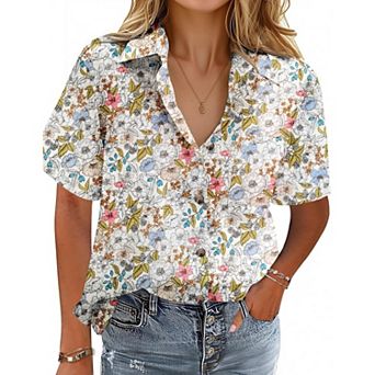Zeagoo Button Down Shirts for Womens Short Sleeve Collared Linen Cotton Tops Boyfriend Solid Blouse