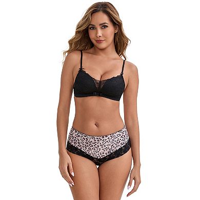 2 Packs Women's Lace Trim Leopard Print Ultra-Thin Mid Rise Hipsters Elastic Lightweight Briefs