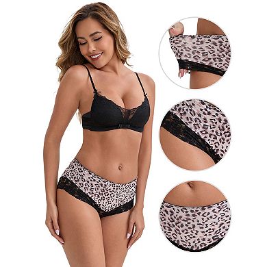 2 Packs Women's Lace Trim Leopard Print Ultra-Thin Mid Rise Hipsters Elastic Lightweight Briefs