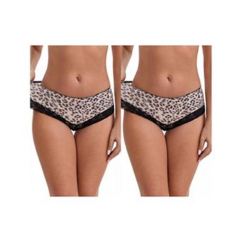 2 Packs Women's Lace Trim Leopard Print Ultra-Thin Mid Rise Hipsters Elastic Lightweight Briefs