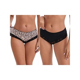 2 Packs Women's Lace Trim Leopard Print Ultra-Thin Mid Rise Hipsters Elastic Lightweight Briefs
