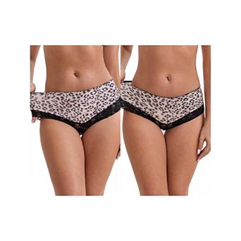 2 Packs Women's Lace Trim Leopard Print Ultra-Thin Mid Rise Hipsters Elastic Lightweight Briefs