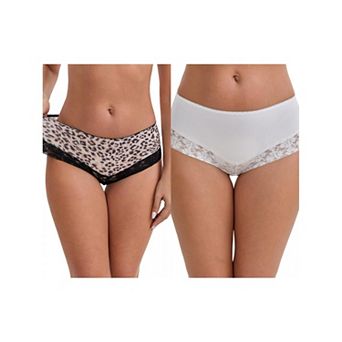 2 Packs Women's Lace Trim Leopard Print Ultra-Thin Mid Rise Hipsters Elastic Lightweight Briefs