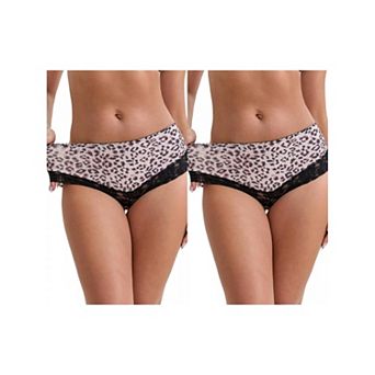 2 Packs Women's Lace Trim Leopard Print Ultra-Thin Mid Rise Hipsters Elastic Lightweight Briefs