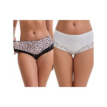 2 Packs Women's Lace Trim Leopard Print Ultra-Thin Mid Rise Hipsters Elastic Lightweight Briefs