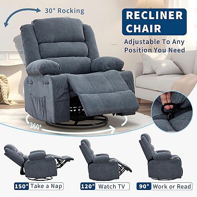 Oversized 360° Swivel Rocker Recliner Chair ,Deep Seat Lounge with Cup Holders and Side Pockets