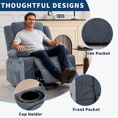 Oversized 360° Swivel Rocker Recliner Chair ,Deep Seat Lounge with Cup Holders and Side Pockets