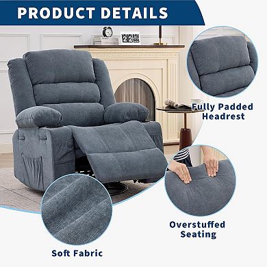Oversized 360° Swivel Rocker Recliner Chair ,Deep Seat Lounge with Cup Holders and Side Pockets