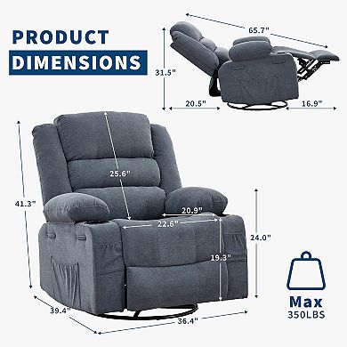 Oversized 360° Swivel Rocker Recliner Chair ,Deep Seat Lounge with Cup Holders and Side Pockets