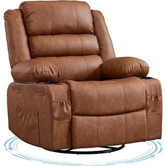 Oversized 360° Swivel Rocker Recliner Chair ,Deep Seat Lounge with Cup Holders and Side Pockets