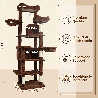 Heybly 68 Inch Multi-Level Cat Tree Tower with Hammocks,Hanging Basket, Cat Cave,Removable Cushions
