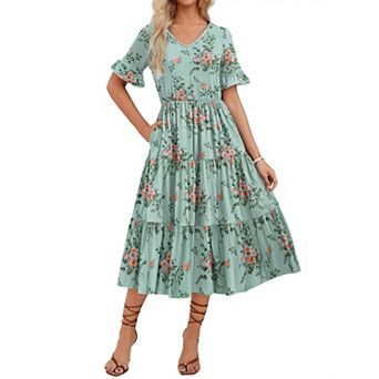 Zeagoo Women's Floral Midi Boho Dress Casual Short Sleeve A Line Long Beach Dress for Spring Summer
