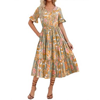 Zeagoo Women's Floral Midi Boho Dress Casual Short Sleeve A Line Long Beach Dress for Spring Summer