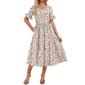 Zeagoo Women's Floral Midi Boho Dress Casual Short Sleeve A Line Long Beach Dress for Spring Summer