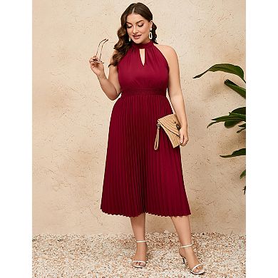 Women's Plus Size Pleated Sleeveless V-Neck Casual Swing Midi Dress