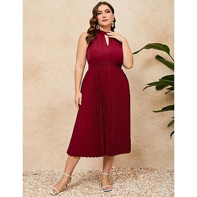 Women's Plus Size Pleated Sleeveless V-Neck Casual Swing Midi Dress