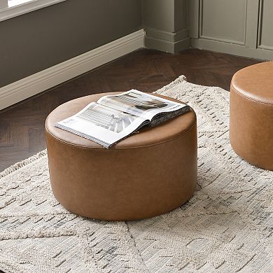 24" Faux Leather Round Upholstered Ottoman