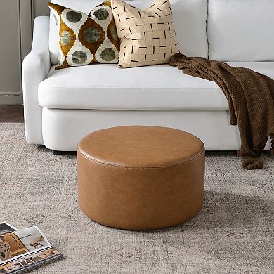 24" Faux Leather Round Upholstered Ottoman