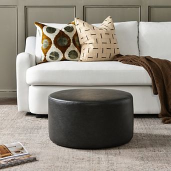 24" Faux Leather Round Upholstered Ottoman